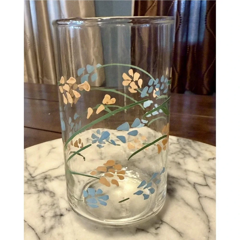 12pc VTG 1950s Mexican Termocrisa Glass Glasses Peach Blue Floral Flowers Mexico